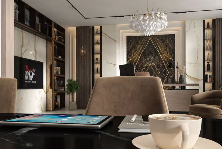 Contemporary office interior design with open-plan layout and neutral color palette