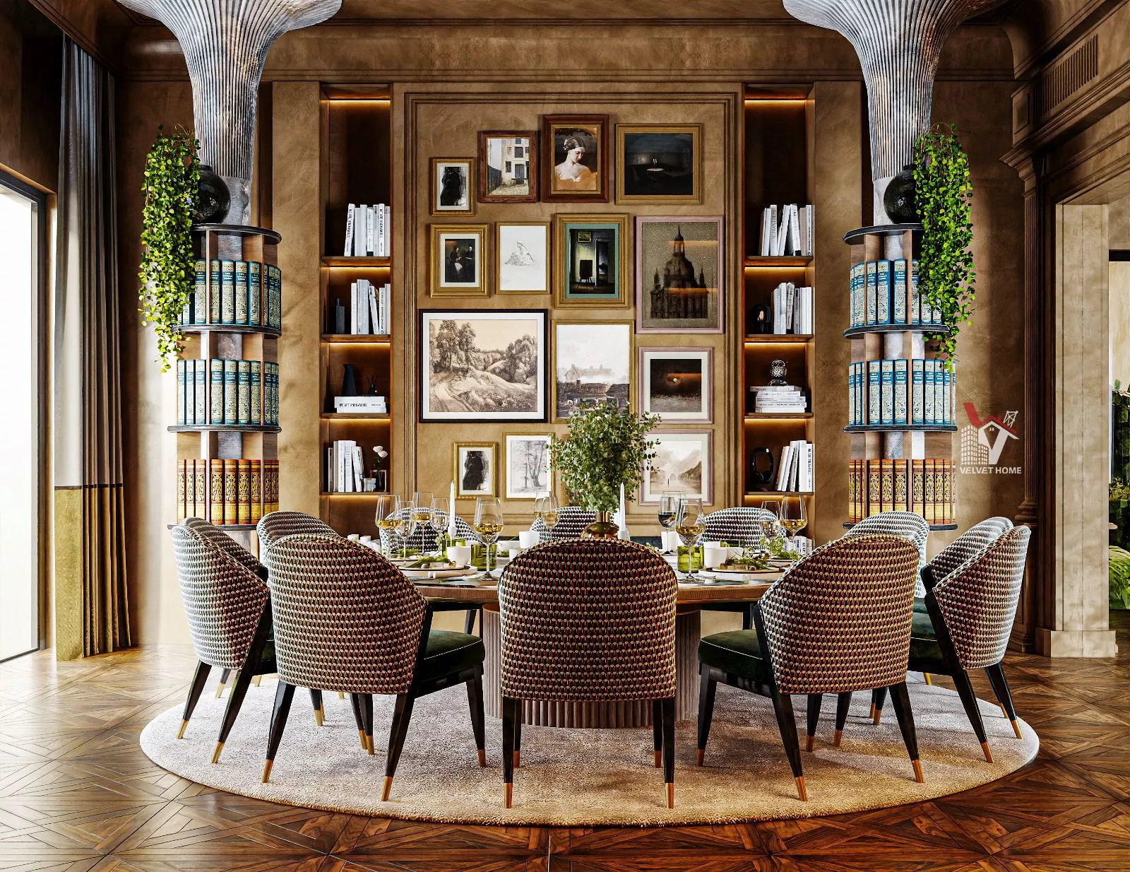A bright and stylish living room with a modern beige sofa, accent armchairs, a sleek coffee table, and elegant wall decor, surrounded by indoor plants and soft ambient lighting—perfect inspiration for living room decor ideas.
