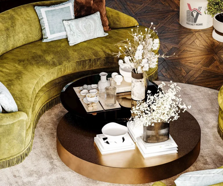 A spacious and elegantly designed living room featuring a modern beige sofa, stylish armchairs, a sleek coffee table, decorative cushions, a textured area rug, curated wall art, and indoor plants, all illuminated by soft ambient lighting—perfect example of inspiring living room design ideas.