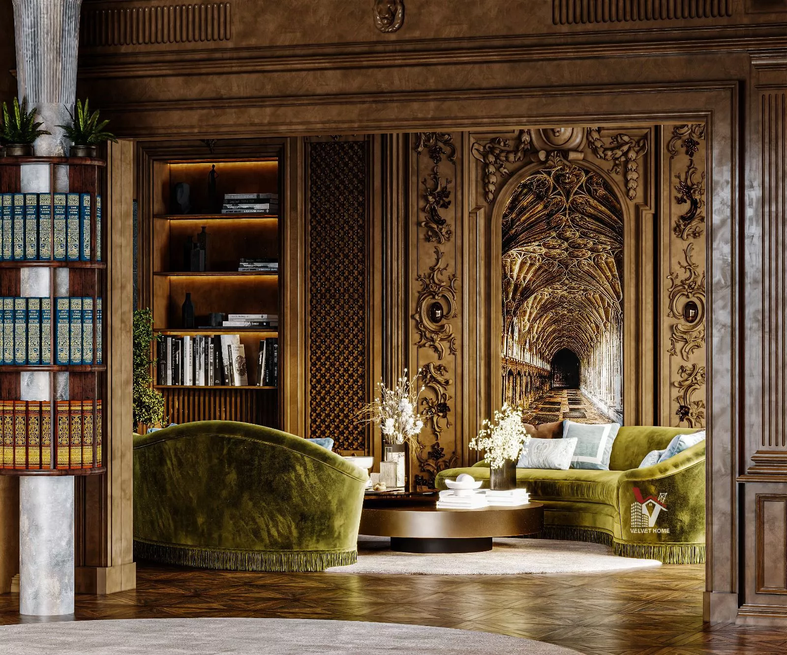 A spacious and elegantly designed living room featuring a modern beige sofa, stylish armchairs, a sleek coffee table, decorative cushions, a textured area rug, curated wall art, and indoor plants, all illuminated by soft ambient lighting—perfect example of inspiring living room design ideas. نسخ اسأل فسر ترجمة(ar-BH)