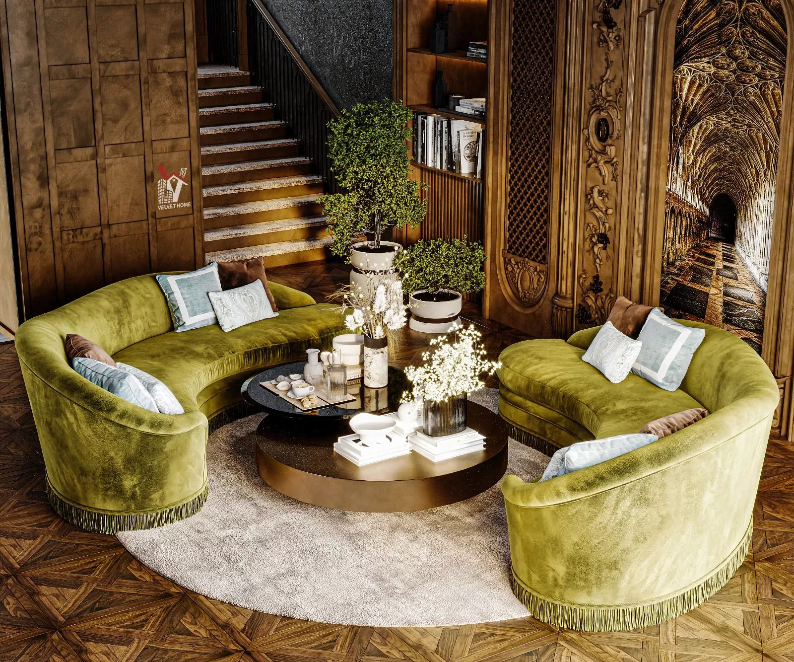 A modern living room featuring a luxurious beige sectional sofa with clean lines and soft upholstery, paired with matching armchairs, a minimalist coffee table, decorative pillows, and a cozy textured rug—showcasing elegant sofa design as the centerpiece of a stylish and inviting living space.